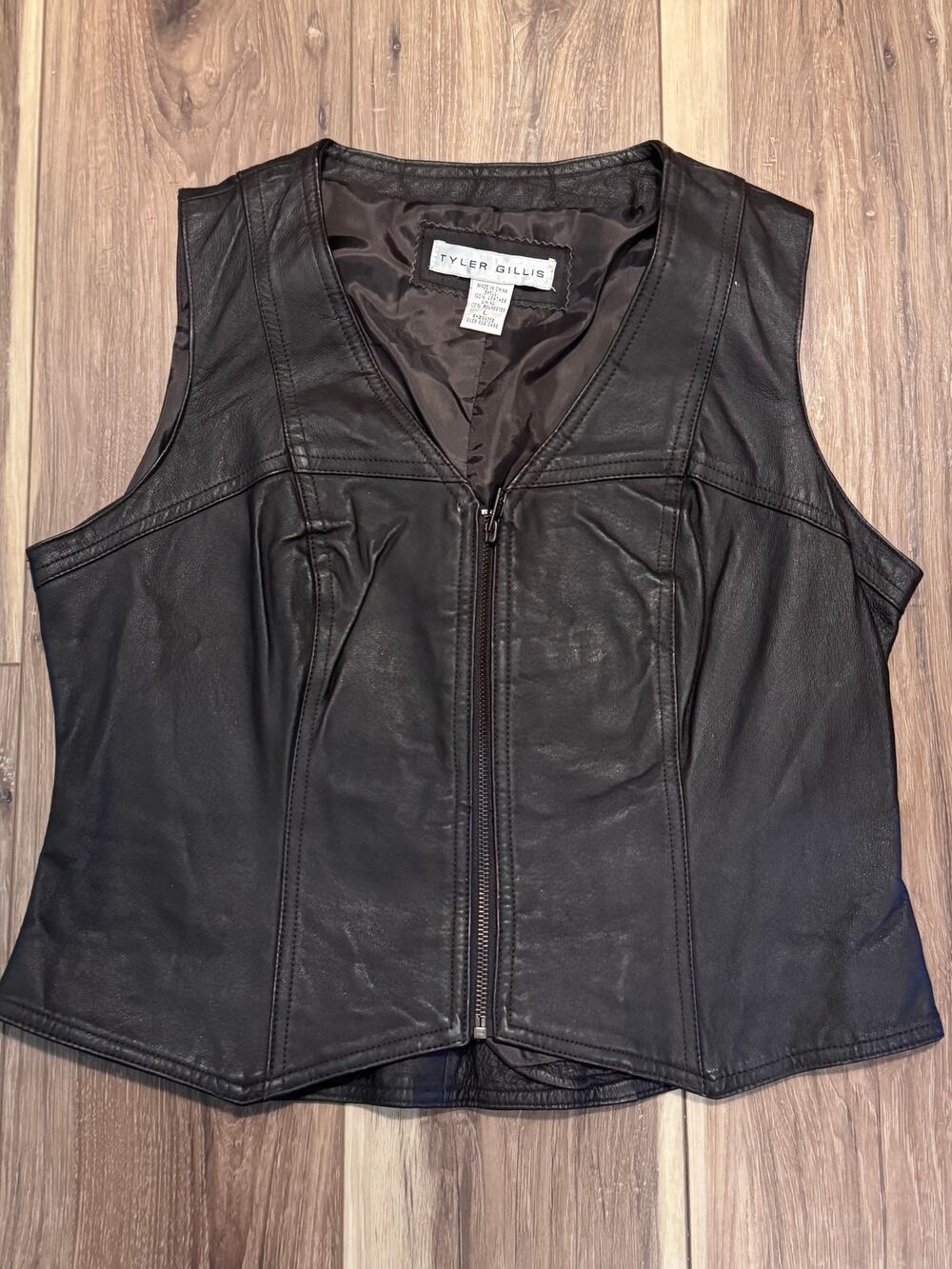 Tyler Gillis Brown Leather Vest Womens L Black Moto Zip Minimalist Biker